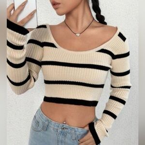Love Tree Black and Cream Ribbed Crop Top